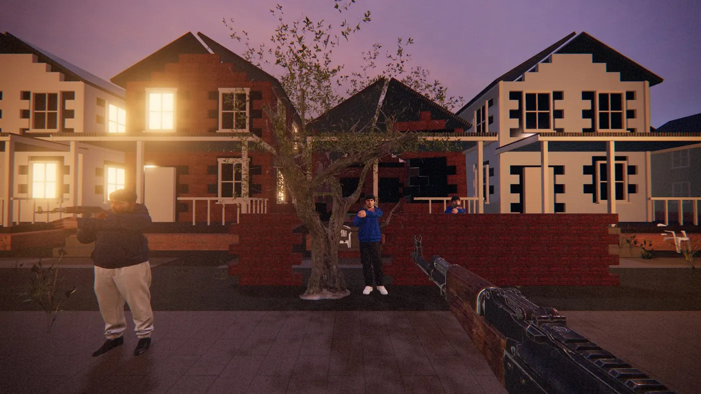 Two opps in red hoodies and a homie in blue, rifles up, in front of a brick garden wall