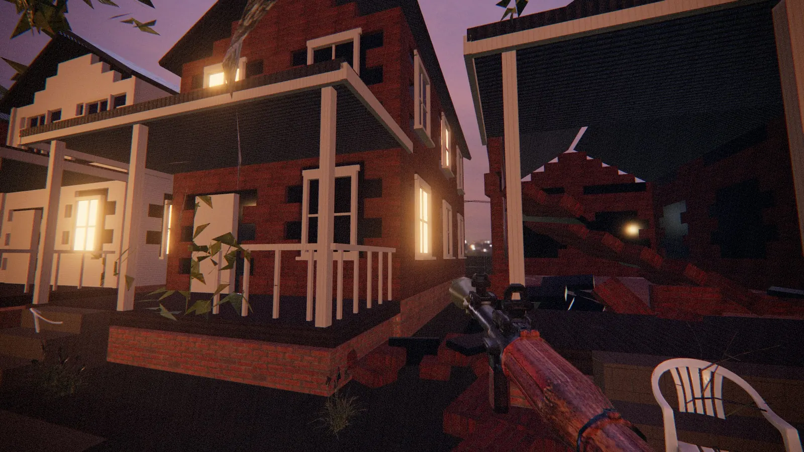 A house front blown open by a rocket, panels scattered on the lawn